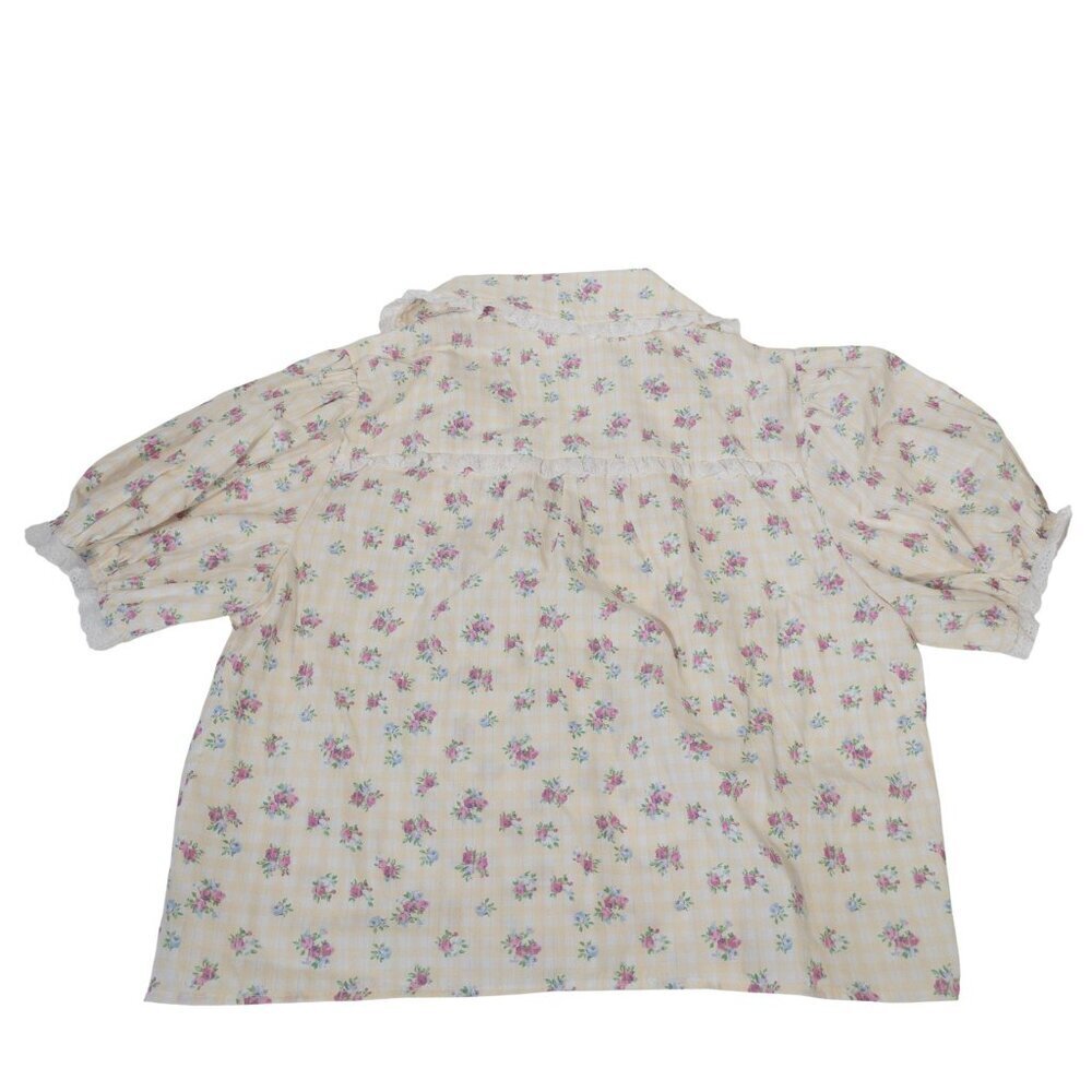 Cottage Core Peach Love Yellow and White Gingham Floral Top SZ S Puff Sleeve - Picture 5 of 13